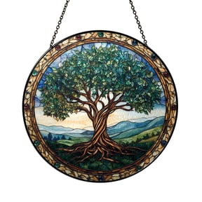 Decorative Tree of Life Faux Stained Glass Window Cling, Double Sided Glossy Translucent Nature Window Sticker for Living Room Bedroom