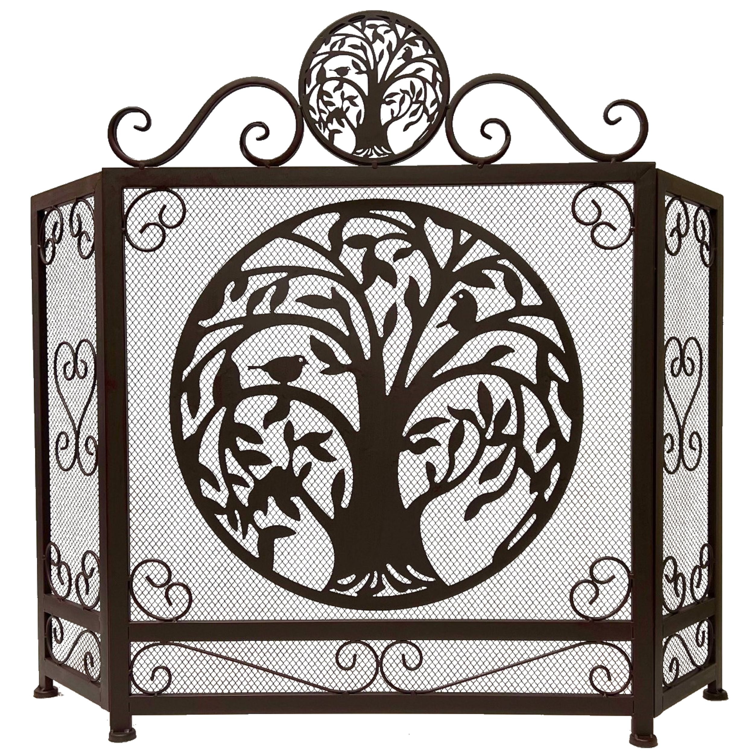 Tree of Life Dark Brown Metal Mesh Three-Panel Fireplace Screen