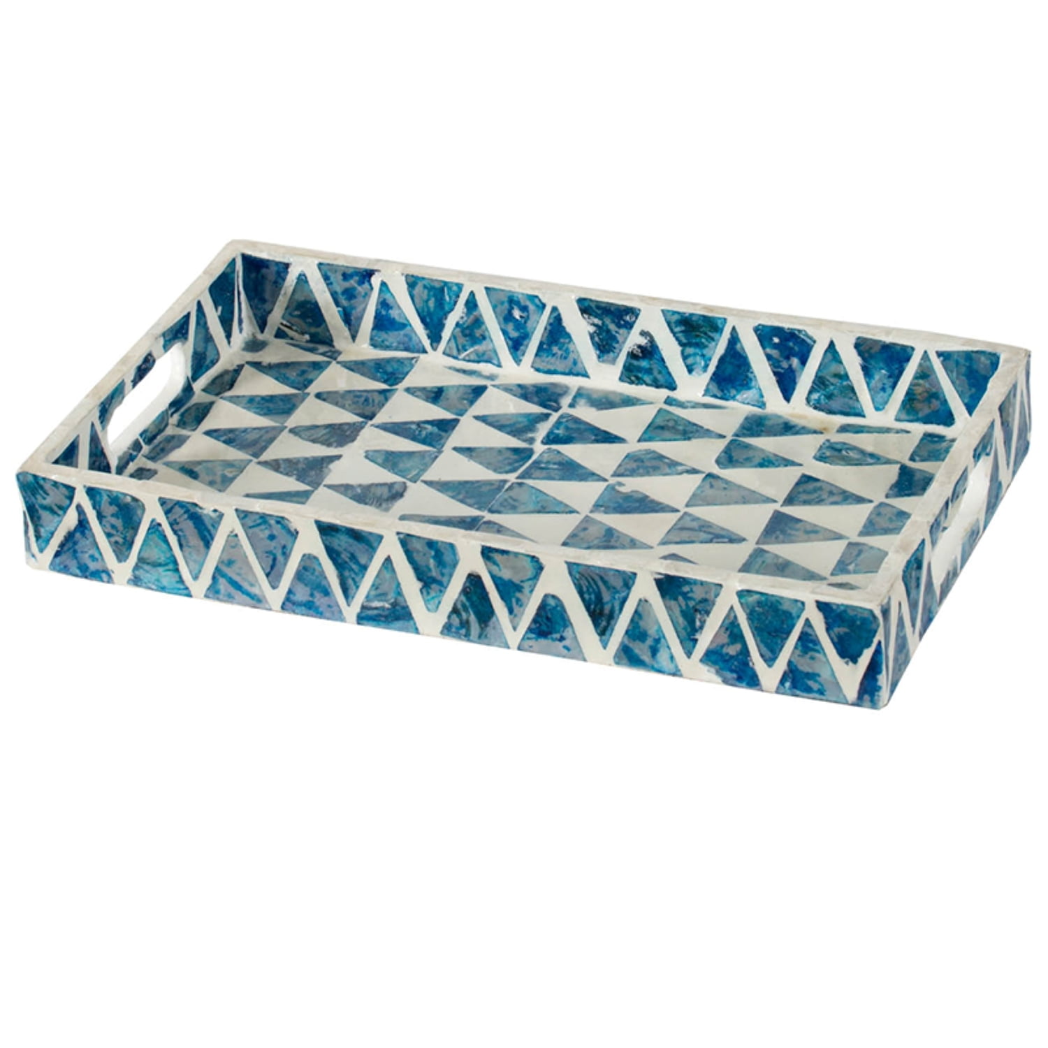 Blue and White Mosaic Rectangular Tray with Handles