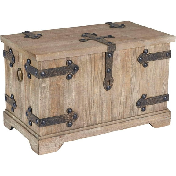 Decorative Trunk, Victorian, Small, Chinese Fir Wood, Aged-Wood Finish with Metal Accents, Fully Opening Lid, Stout Design, Ring Handles
