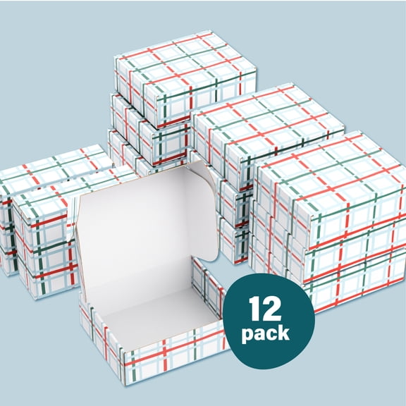 Printed Decorative Mailing, Shipping and Gift Boxes, Tuck Top Closure, 12" x 10" x 4", Grid Print, 12 -Count Pack