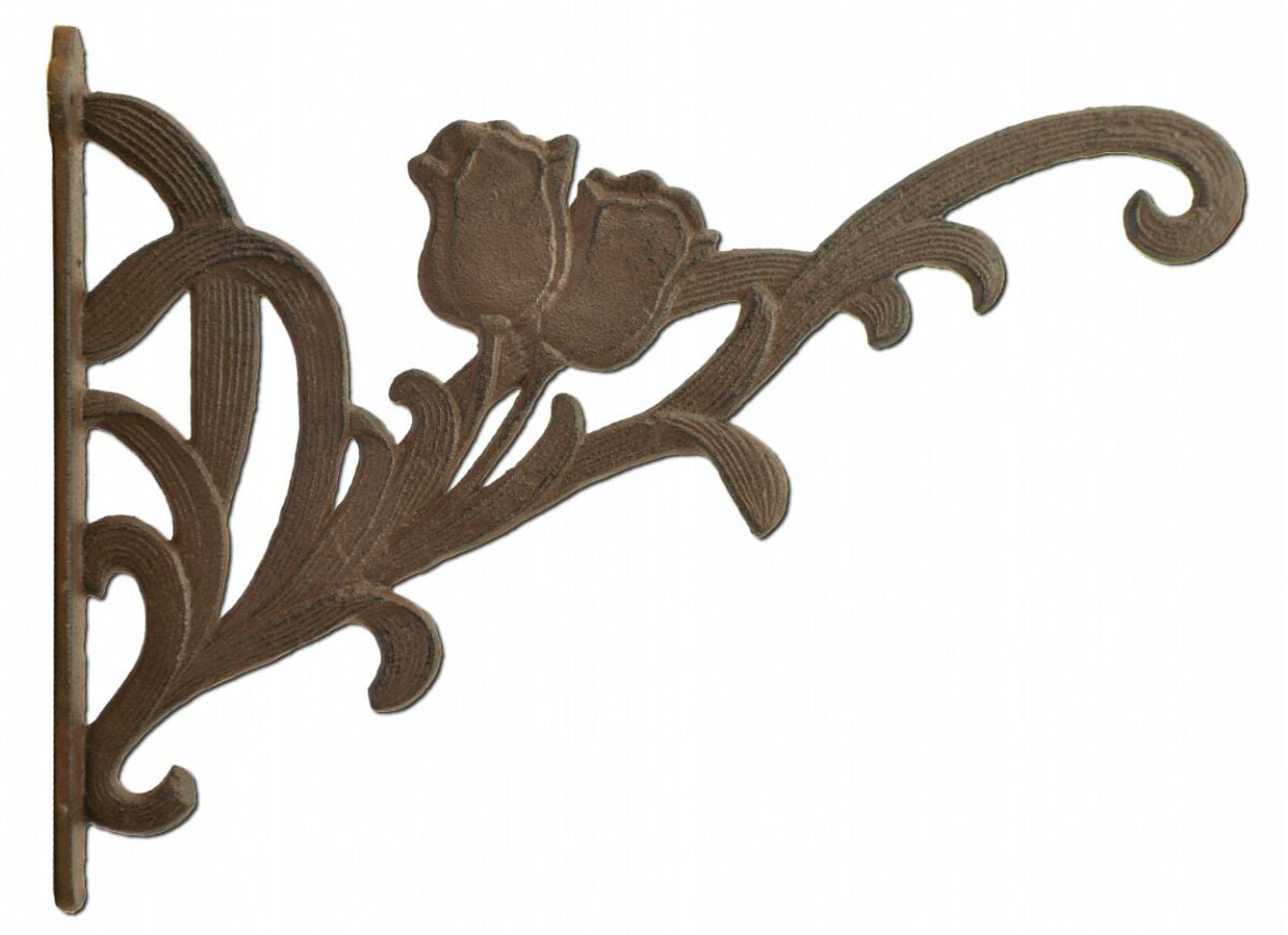 Large Distressed Brown Cast Iron Tulip Flower Plant Hanger Hook