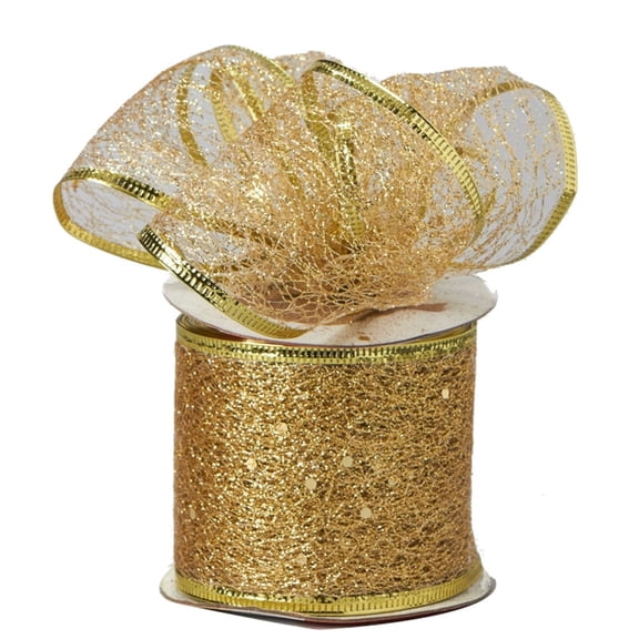 Gold  Glitter Tulle Ribbon, Wired Edge, 2.5 Inch x 10 Yard