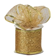 Gold Glitter Tulle Ribbon, Wired Edge, 2.5 Inch x 10 Yard