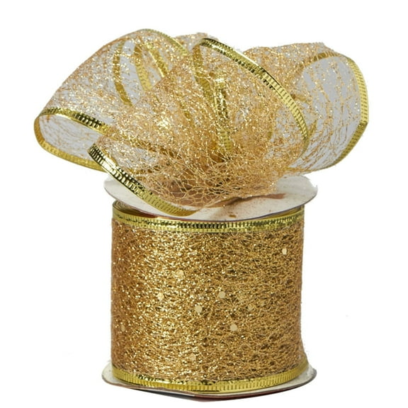 Decorative Tulle Glitter Mesh Wrap wire Holiday Christmas Ribbon, Gold