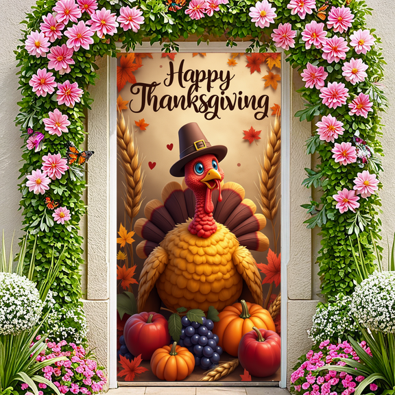 Decorative Turkey Happy Thanksgiving Banner Autumn Leaves Harvest Theme for Thanksgiving Celebration Fall Party Indoor Decor