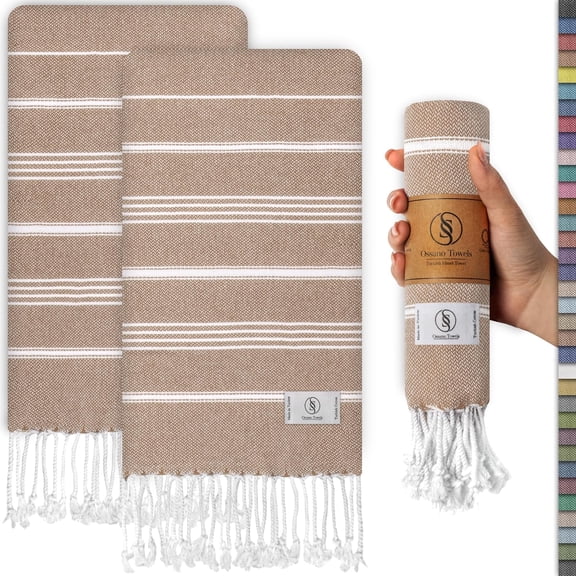Decorative Turkish Hand Towels - Thin & Classic - Set of 2 (30" x 18") - for Kitchen & Bathroom - Multifunctional as - Kitchen Hand Towels, Dish Cloths, Boho Bathroom Towels - Light Brown