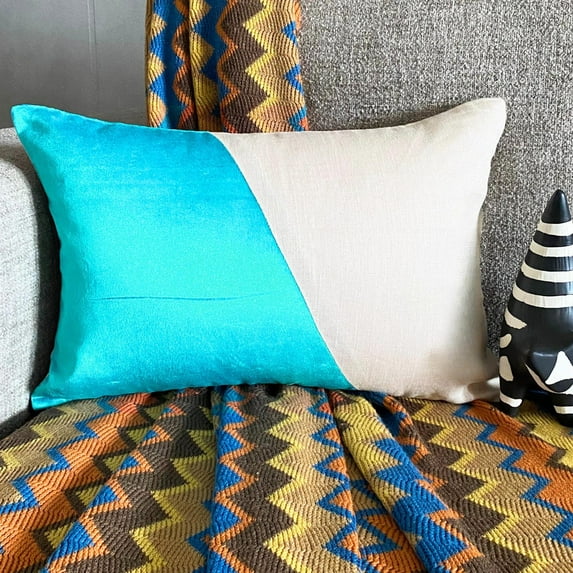 Decorative Turquoise Blue 12"x24" (30x60 cm) Lumbar Pillow Cover, Velvet & Linen Solid Color Block Oblong Pillow, Patchwork Pattern Modern Style - Velutinous Turquoise