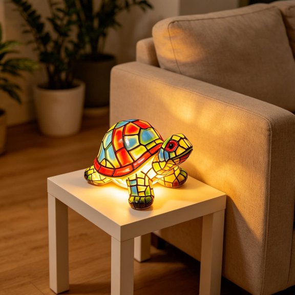 Decorative Turtle Table Lamp, Stained Glass Style Resin Turtle Night Light, Animal LED Light for Bedroom Living Room Home Decor Gift