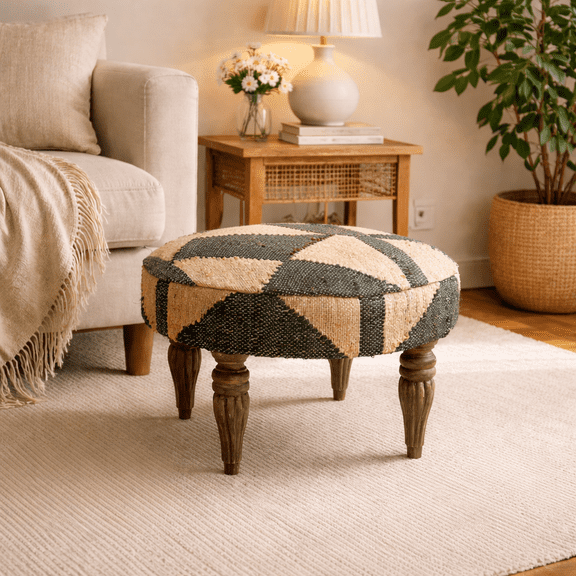 Decorative Upholstered Accent Stool | Geomatric Pattern Ottoman with Wood Legs for Living Room | 20x18 inches | Foot Stool & Foot Rest for Sofa Couch