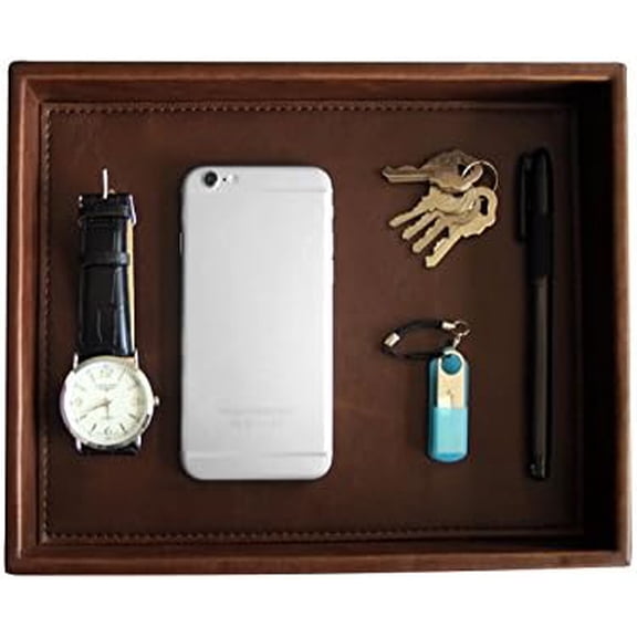 Decorative Vanity Tray, Desktop Storage Organizer, Catchall Tray, Valet Tray, Nightstand or Dresser Organizer, PU Faux Leather Bathroom Tray, Brown, 10.2 x 8.4 x 1.8 inches
