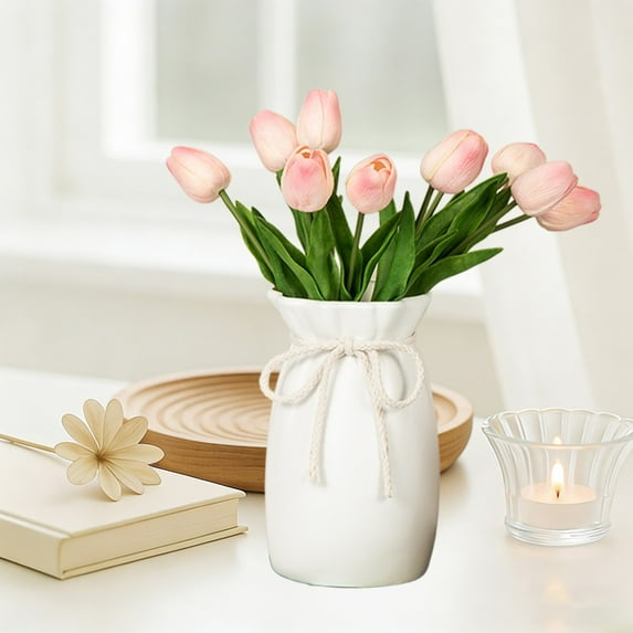 Decorative Vase, Faux Ceramic Vase, White Tabletop Vase, Plastic Flower Vase, Home Decor Vase, Modern Centerpiece, Artificial Flower Vase, Drawstring Bag Design Vase for Decor
