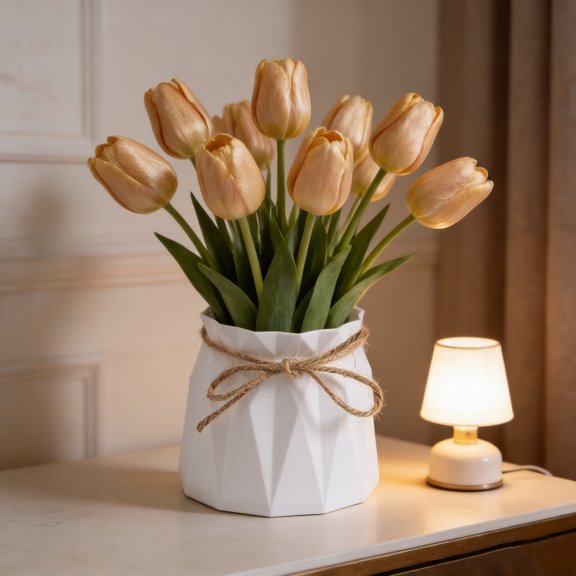 Decorative Vase, Modern Centerpiece, Rope Accent Faux Ceramic Flower Pot For Living Room Office, Plastic Geometric Diamond Design European Home Decor