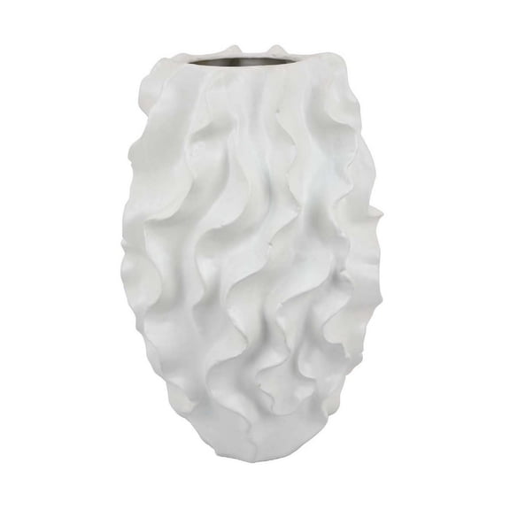 Decorative Vase, White Ceramic, Textured 19 Inch Curved Design