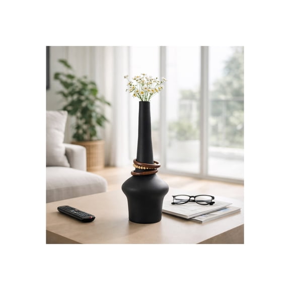 Decorative Vase with Wood Beads for Living Room Decor - Tall Flower Vase for Home Centerpiece, Bedroom Vanity, and Kitchen Counter - Accent Display for Office Tabletop - 21", Black & Brown