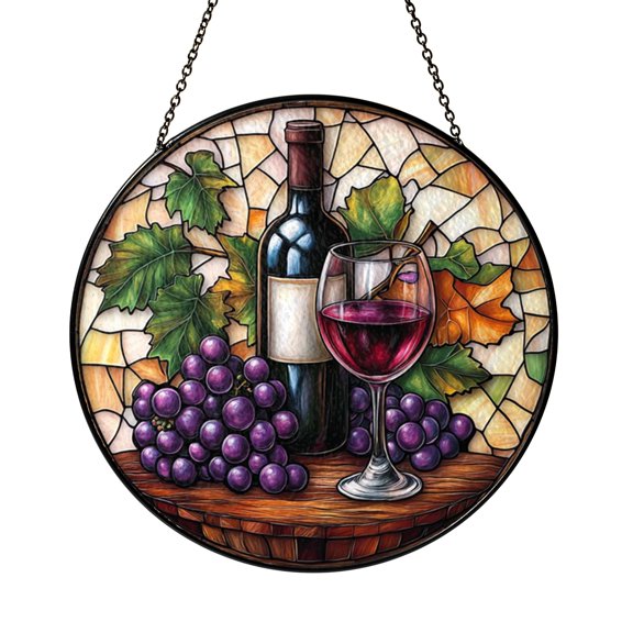 Decorative Vineyard Grapes Stained Glass Window Hanging with Rustic Botanical Theme