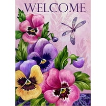 Decorative Vintage Flower Welcome Spring Large House Flag Double Sided, Home Floral Burlap Pansies Dragonfly Outside Garden Yard Decoration, Summer Seasonal Outdoor Décor Flag 28 x 40