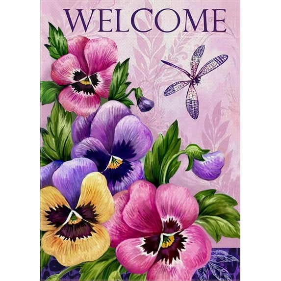 Decorative Vintage Flower Welcome Spring Large House Flag Double Sided, Home Floral Burlap Pansies Dragonfly Outside Garden Yard Decoration, Summer Seasonal Outdoor Décor Flag 28 x 40