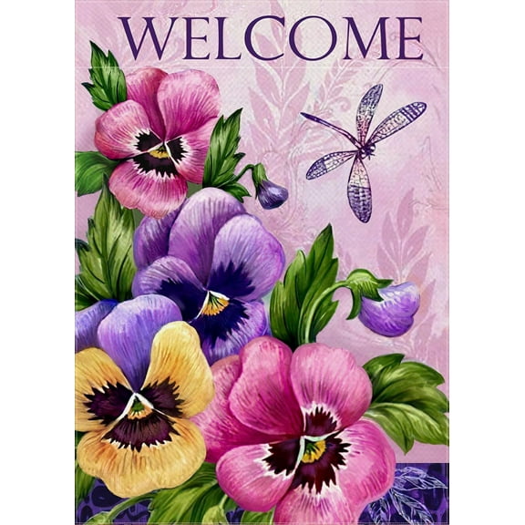 Decorative Vintage Flower Welcome Spring Large House Flag Double Sided, Home Floral Burlap Pansies Dragonfly Outside Garden Yard Decoration, Summer Seasonal Outdoor Décor Flag 28 x 40