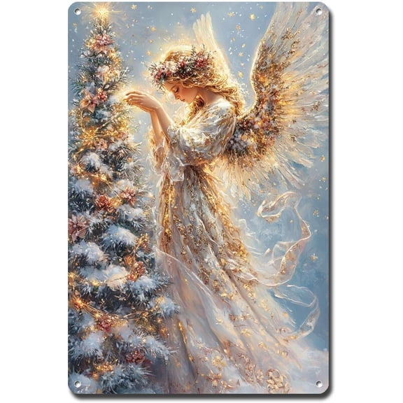 Decorative Vintage Metal Tin Sign Angel Christmas Tree Wall Art for Garden Porch Holiday Party Yard 8 x 12 Inches