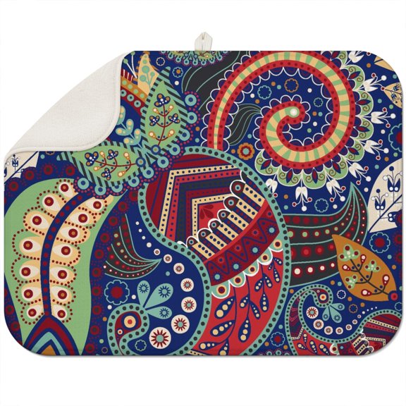 Decorative Vintage Paisley Kitchen Drying Mat Super Absorbent Microfiber Pad Floral Mandala Print 3-Layer Thick Foldable & Reusable