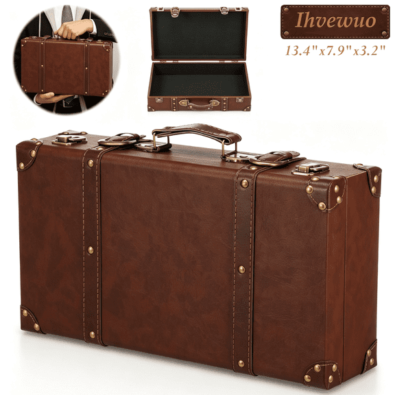 Decorative Vintage Suitcase Keepsake Box, Solid Wood Storage Chest with Leather Handle, Antique Prop Trunk for Party Decor, Brown