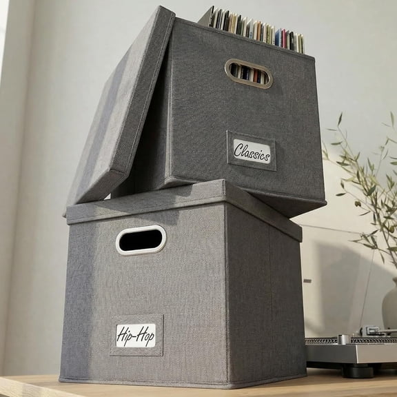 Decorative Vinyl Record Storage Box for 50+ Single Records - Sturdy and Easy to Carry LP Holder with Lid - The Perfect Storage Crate for Your Valuable Album Collection