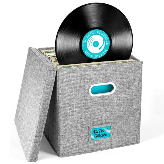 Decorative Vinyl Record Storage Box -Record Album Storage Holds Up 50+ Lp Records,Lp Record Storage Organizer Bins With Lid, Record Storage Crate To Protect Your Album - Grey