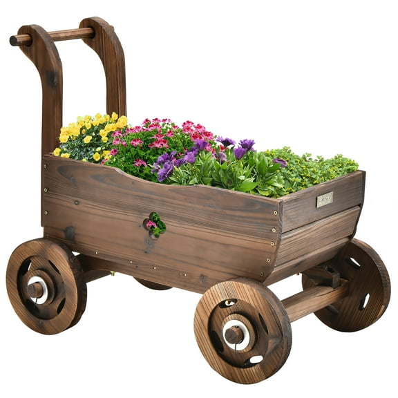 Costway Decorative Wagon Cart Plant Flower Pot Stand Wooden Raised Garden Planter Box