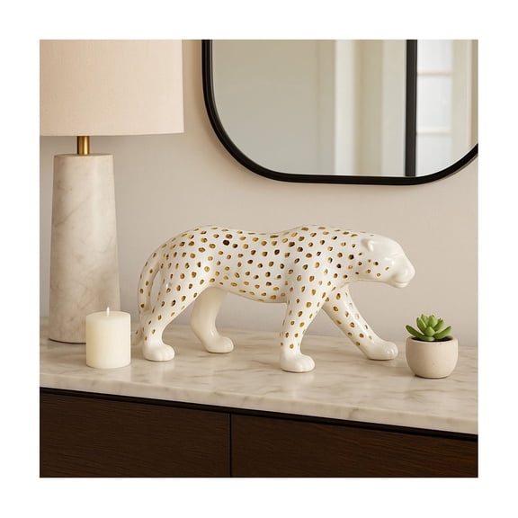 Decorative Leopard Figurine for Tabletop Decoration - Home Decor Figurine for Living Room, Bedroom, and Coffee Table - 8", White & Gold