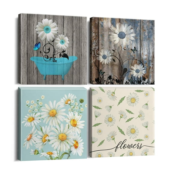 Decorative Wall Art,Daisy Country Rustic Farmhouse Wall Prints,Morden Art with Wood Frame,Motivational Art Print for Room Decor Wall Decor Living Room Decor 4 Pack (12x12inch)