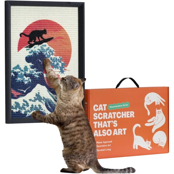 Decorative Wall Art Scratcher for Vertical , 14"x20" Framed Sisal Scratch Pad Mat with Renter-Friendly No-Drill Wall Mounted Setup, Durable Alternative to Cardboard (The Wave)