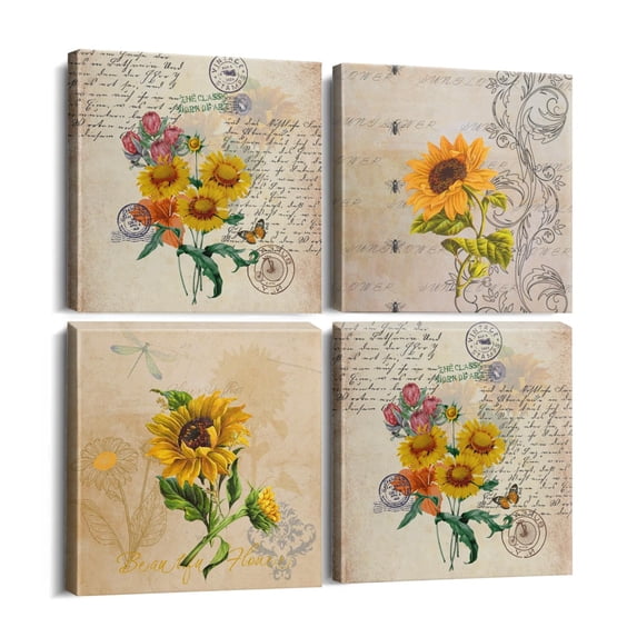 Decorative Wall Art,Sunflower Retro Butterfly Seal33 Wall Prints,Morden Art with Wood Frame,Cute Art Print for Room Decor Wall Decor Living Room Decor 4 Pack(12x12inch)