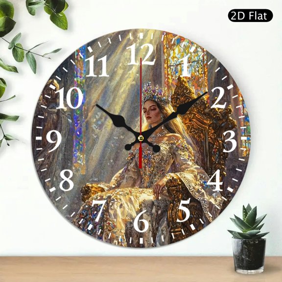 Decorative Wall Clock Art Featuring Queen Sitting On Throne With Stained Glass Background Round 10x10 Inch 1pc Battery Not Included