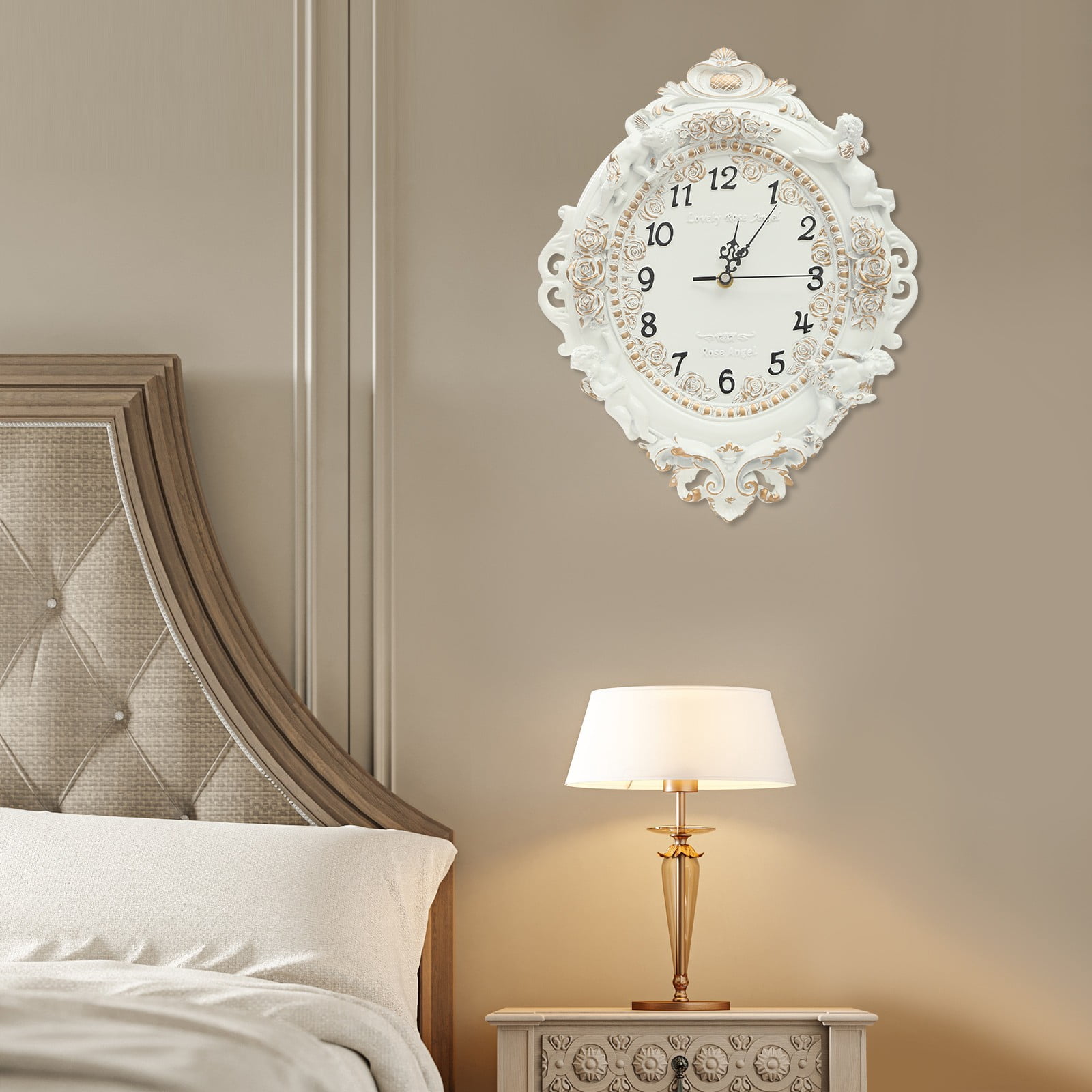 Decorative Wall Clock, European Style Off-White Ellipse Wall Clock for Home and Office Decor, Silent Quartz Movement Resin Wall-Mounted Clock for Living Room