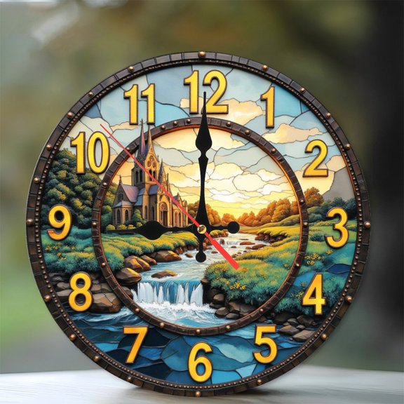Decorative Wall Clock Landscape Church River 10-Inch Silent Wooden Wall Clock, Battery Operated (AA Batteries Not Included), Artistic Home Decor