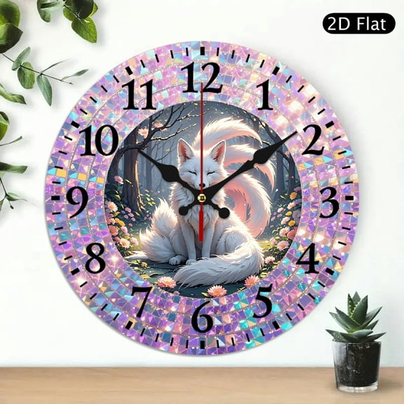 Decorative Wall Clock with Serene White Fox Illustration in Forest Clearing, Circular Mosaic Tile Border Design, 10x10 Inch, 1pc, Battery Not Included
