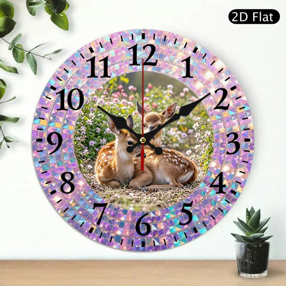 Decorative Wall Clock with Two Fawns in Iridescent Mosaic Border, 10x10 Inch Round Silent Nature Theme Clock, Battery Not Included, 1pc