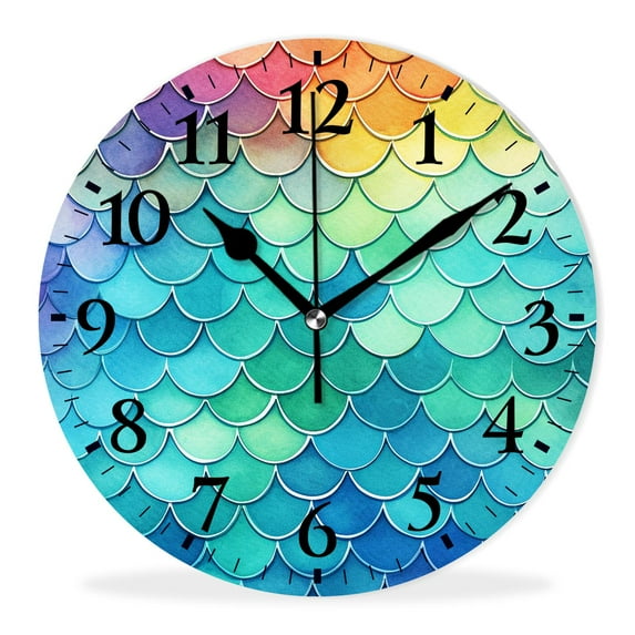 Decorative Wall Clocks Non-Ticking Silent Quartz Clocks with Arabic Numerals for Home-Beautiful Colored Mermaid Scales(12inch)