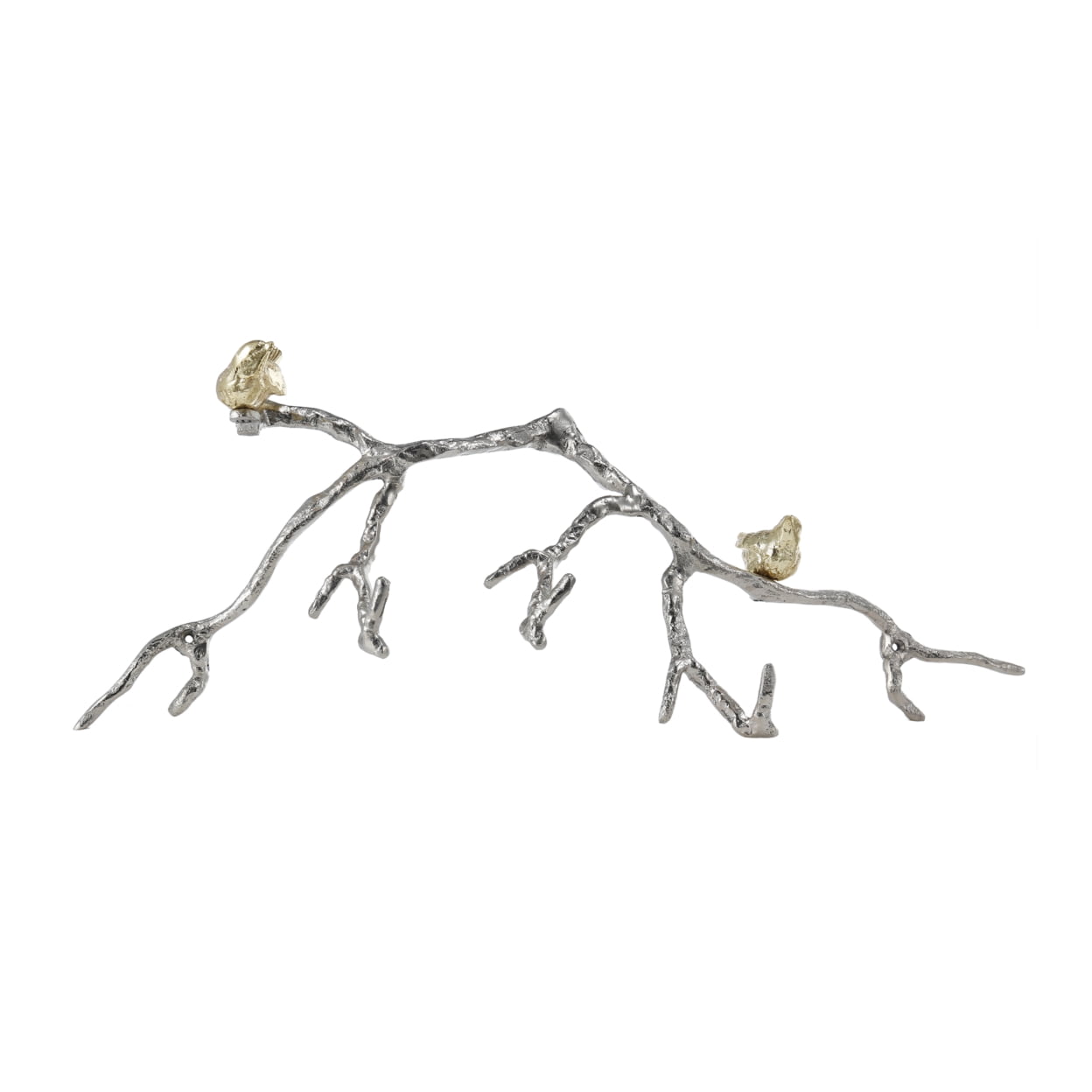 Benjara Decorative Wall Hook Branch Shaped with Birds Apogee, Silver and Gold