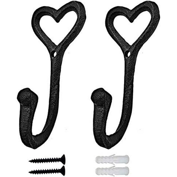 Decorative Wall Hooks Coat Towel Hook, 2 Pcs Key Bag Hanger Coat Hooks Cast Iron Vintage Holder Love Heart Shape Home Decor, Bath Kitchen Garage Hanging Scarf Cap Cup Hat Purse Robes Hook
