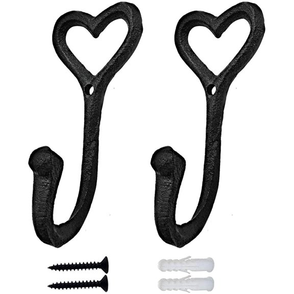 Decorative Wall Hooks Coat Towel Hook, 2 Pcs Key Bag Hanger Coat Hooks Cast Iron Vintage Holder Love Heart Shape Home Decor, Bath Kitchen Garage Hanging Scarf Cap Cup Hat Purse Robes Hook