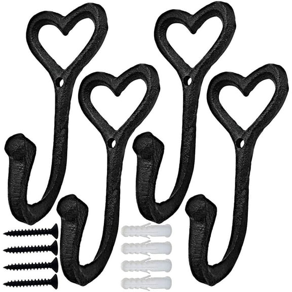Decorative Wall Hooks Coat Towel Hook, 4 Pcs Key Bag Hanger Coat Hooks Cast Iron Vintage Holder Love Heart Shape Home Decor, Bath Kitchen Garage Hanging Scarf Cap Cup Hat