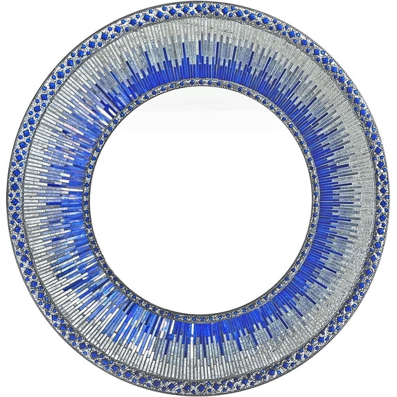 Decorative Wall Mirror Mosaic 24" Round Handcrafted Wall Art in Shades of Cobalt Blue and Indigo, White, Silver Glitter Colorful Glass Tile Décor for Home