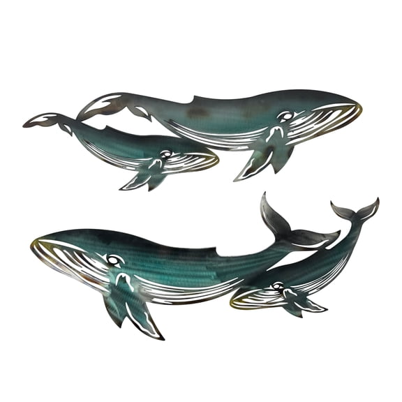 Decorative Wall Plaques by Mayrich, Set of 2 Blue Metal Coastal Whale Family Sculptures