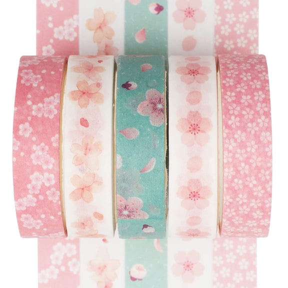 Decorative Washi Tape 5 Pack, Creative Adhesive Tapes for Scrapbooks, Card Making, Home Decor, Planner Stickers, Sakura Cherry Blossom, Pink