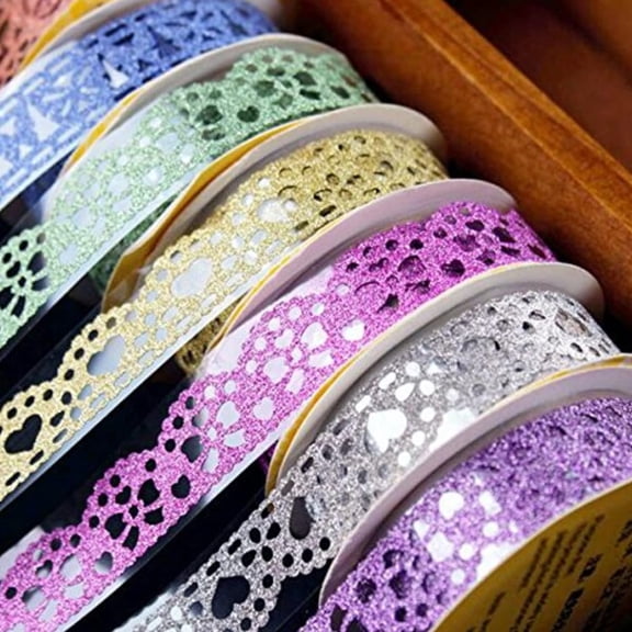 Decorative Washi Tape Set - 6Rolls Glitter Lace Washi Tape for Card Making Supplies, Scrapbook Craft Supplies, Aesthetic Journaling, DIY Craft Projects Gift Wrapping