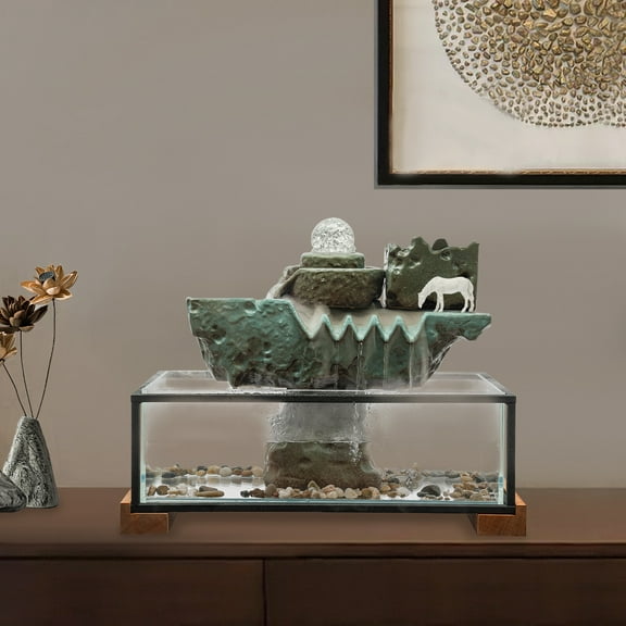 Decorative Water Feature, Glass Construction with Waterfall and Mist Effect, Colorful LED Lighting, Ideal for Living Rooms