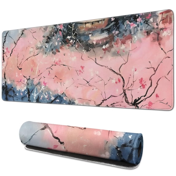 Decorative Watercolor Cherry Blossom Large Gaming Mouse Pad - 31.5x11.8in Extended Non-Slip Desk Mat, Keyboard Mousepad for Precision Gaming and Stylish Office Environment.