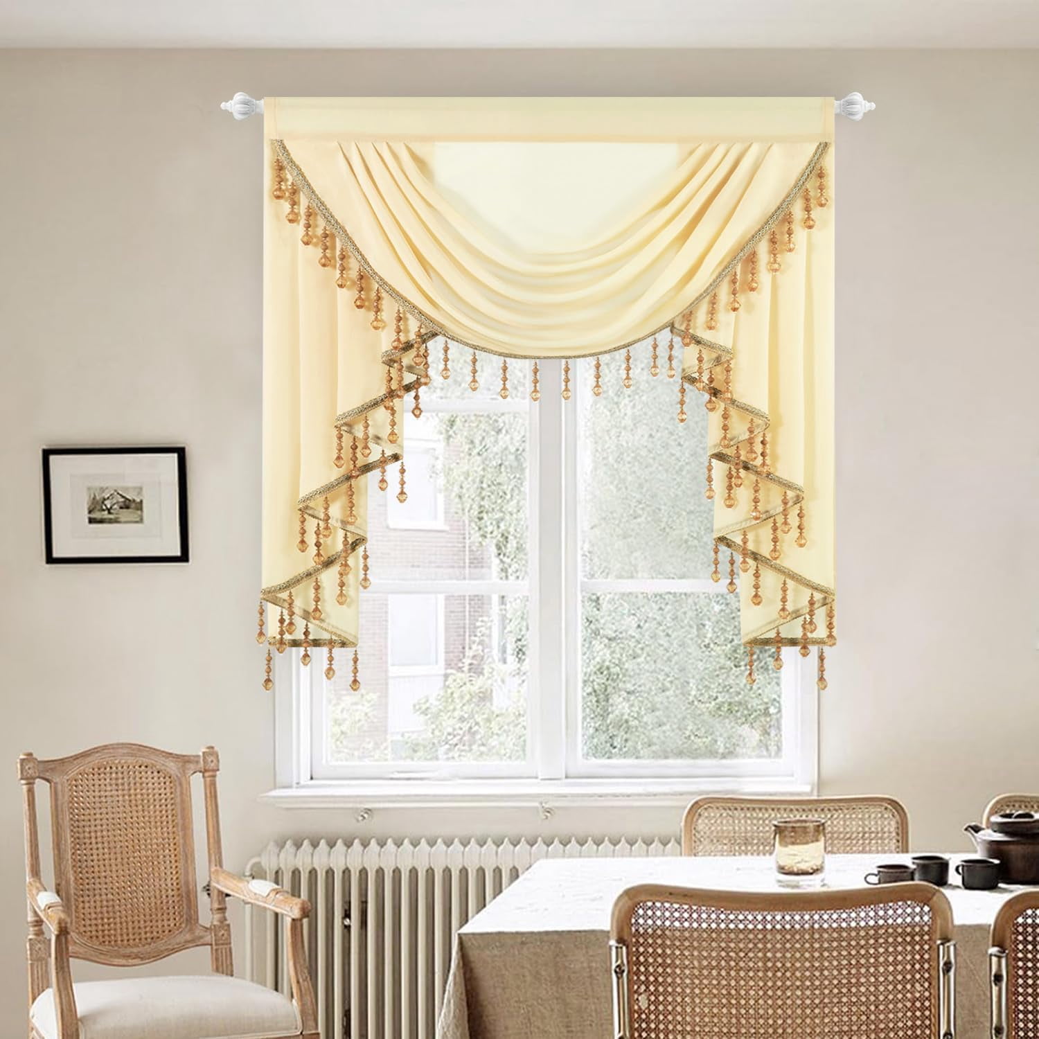 Decorative Waterfall Sheer Valance -Brown Vintage Swag Curtain Panels with Beaded Tassels for Bedroom & Living Room, 39 Inches Wide, 1 Panel